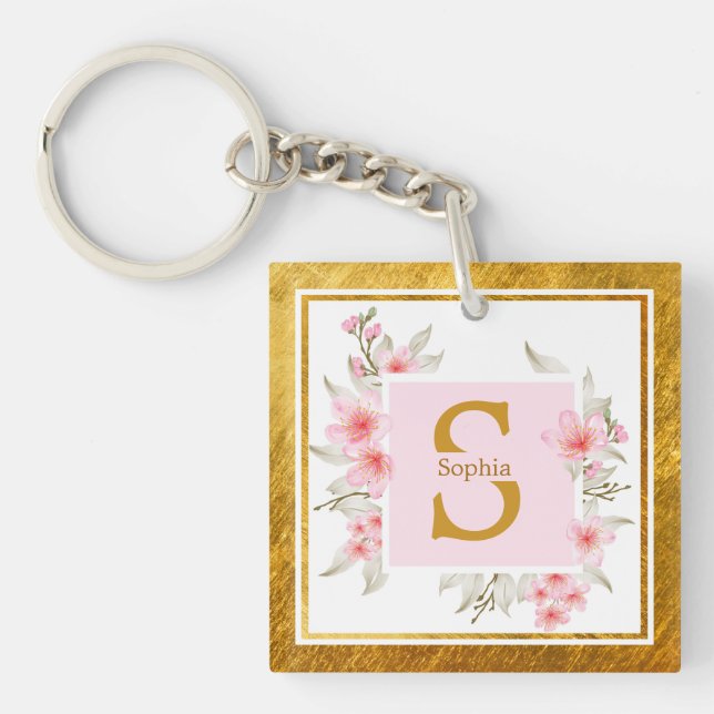 Rosa florale Initiale | Elegantes Blütenmonogramm Schlüsselanhänger (Vorderseite)