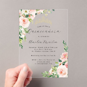 Rosa florale klare Acryl-Blumen-Quinceanera Acryleinladungen