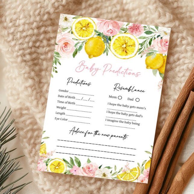 Rosa Florale Lemon Baby Vorhersagen Spiel (Summer Lemon Citrus Baby Shower Baby Predictions Game)