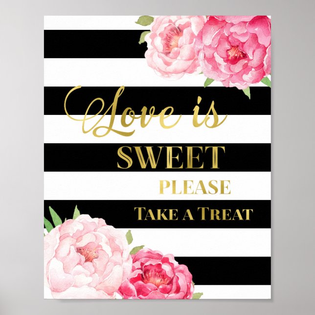 Rosa florale Liebe ist Sweet Sign Gold Black Strip Poster (Vorne)