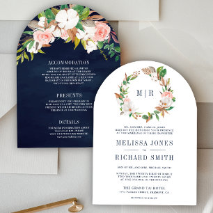 Rosa Florale Magnolie Monogramm All-in-One-Hochzei Einladung