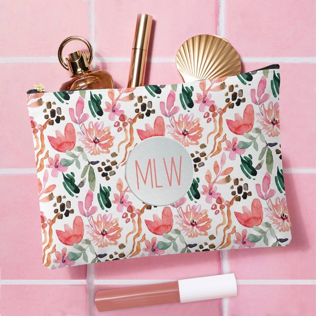 Rosa florale Mit Monogramm Groß Zubehörtasche (Large Pink Floral Monogrammed Accessory Pouch)