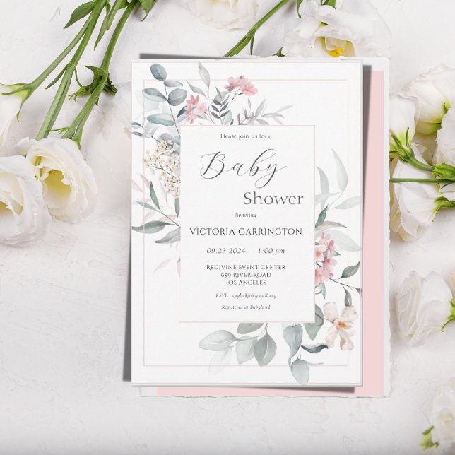 Rosa florale Moderne Girl-Babydusche Einladung (Von Creator hochgeladen)