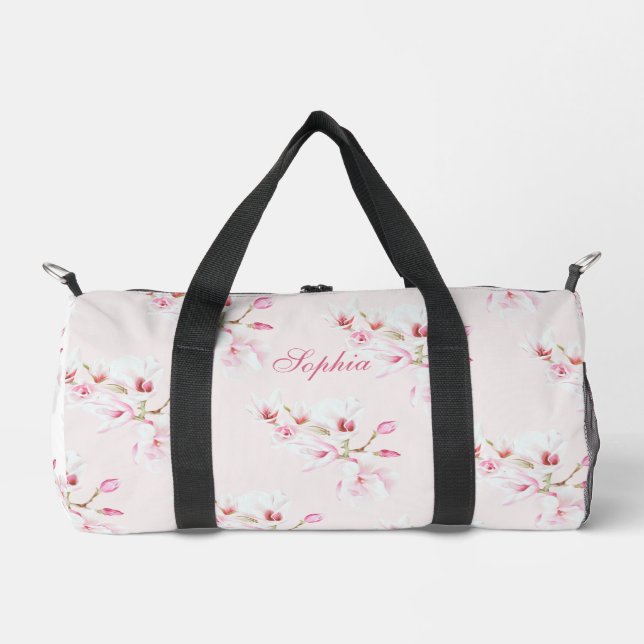 Rosa florale Moderne rosa Text Duffle Bag (Vorderseite)