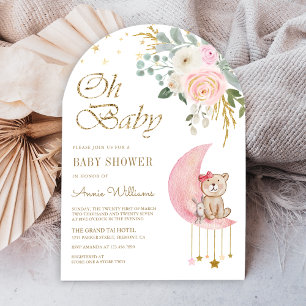 Rosa florale Mond Süßer Teddybär Bogen Babyparty Einladung