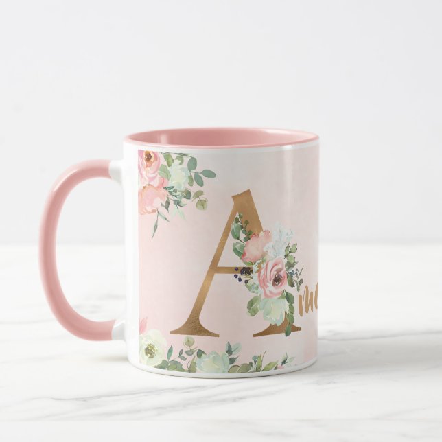 Rosa florale Monogramm Aquarell mit Name Tasse (Links)
