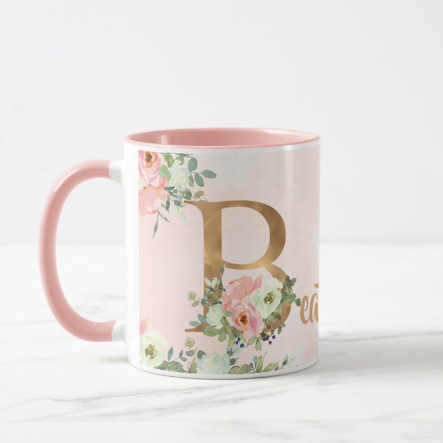 Rosa florale Monogramm B Aquarell mit Name Tasse (Links)