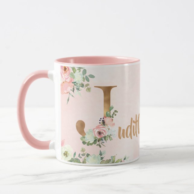 Rosa florale Monogramm J Aquarell mit Name Tasse (Links)