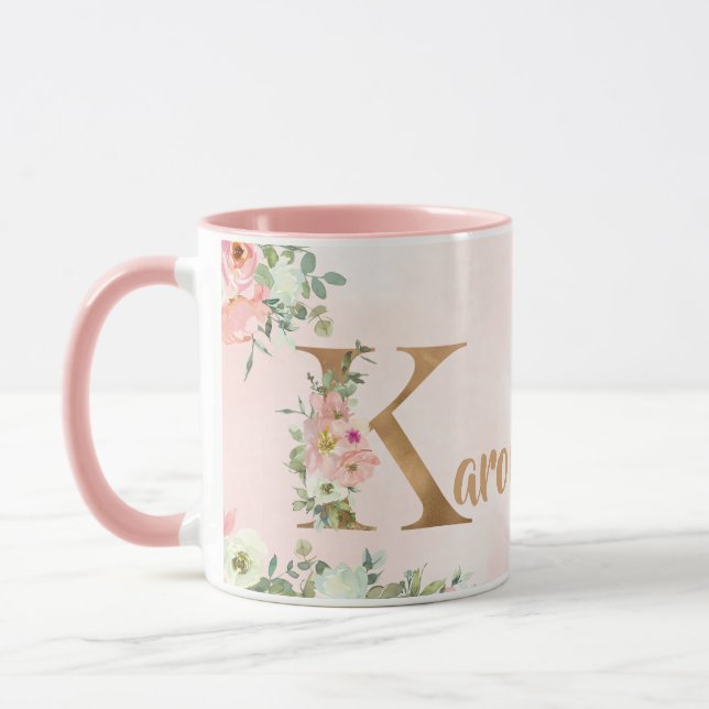 Rosa florale Monogramm K Aquarell mit Name Tasse (Links)