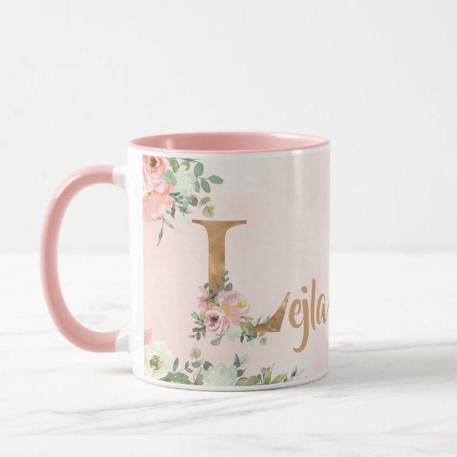 Rosa florale Monogramm L Aquarell mit Name Tasse (Links)