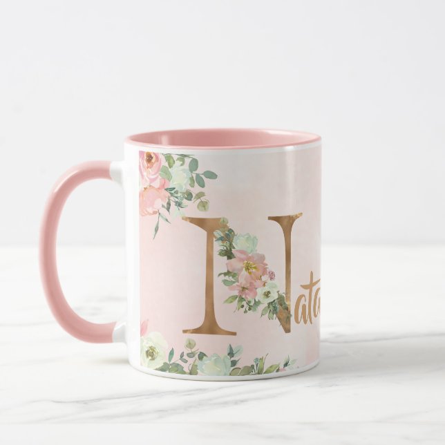 Rosa florale Monogramm n Aquarell mit Name Tasse (Links)