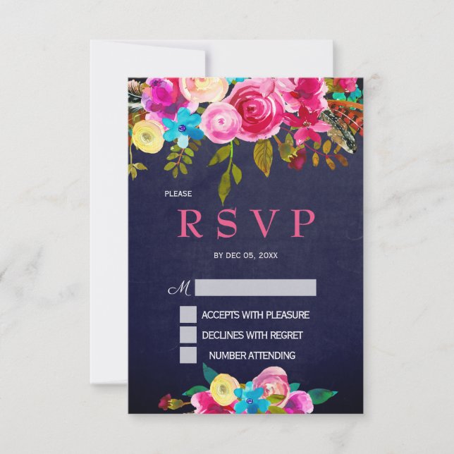 Rosa florale Navy Blue Chalkboard RSVP-Karte RSVP Karte (Vorderseite)