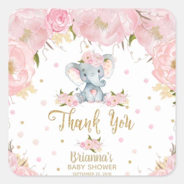 Rosa florale Niedlich Elephant Baby Shower Sticker (Vorderseite)