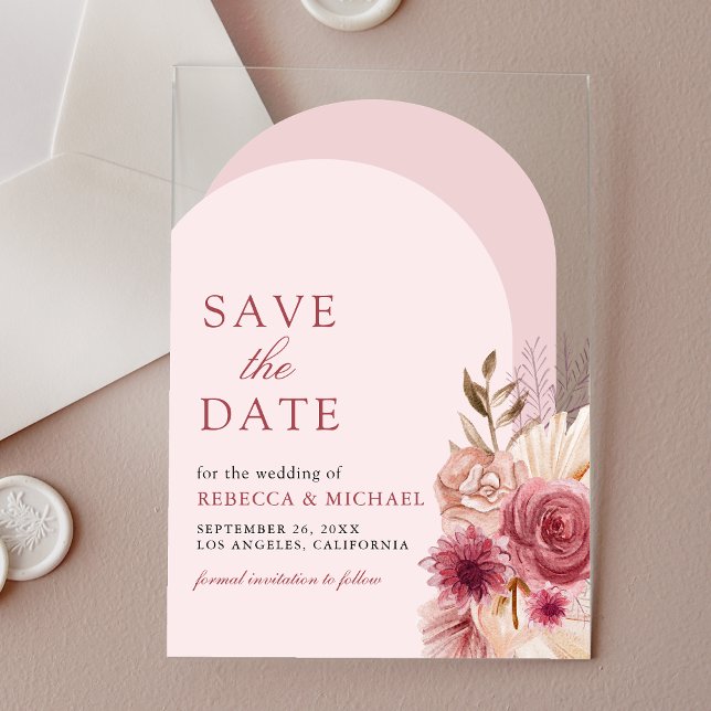 Rosa florale Pampas Arch Wedding Save the Date Acryleinladungen (Von Creator hochgeladen)