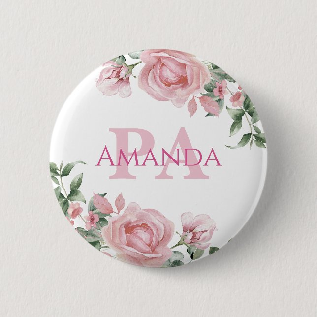 Rosa florale personalisierter Name PA Button (Vorderseite)
