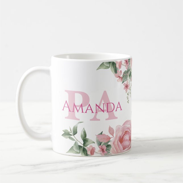 Rosa florale personalisierter Name PA Kaffeetasse (Links)