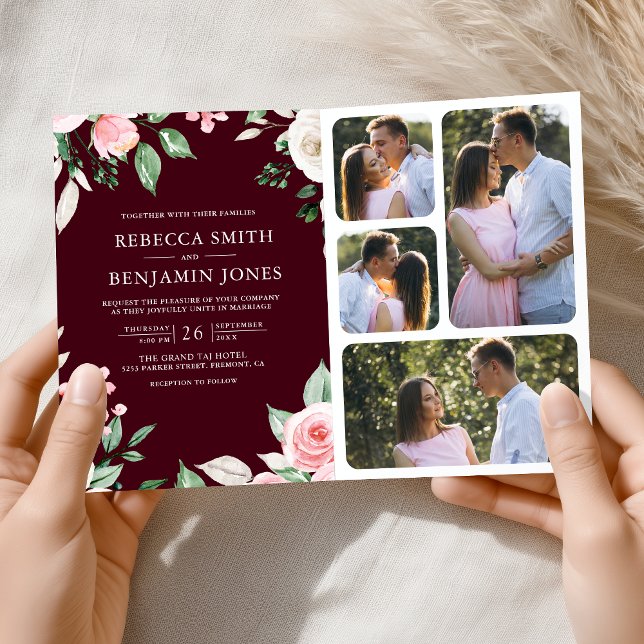 Rosa Florale QR-Code Burgunder Hochzeit Einladung (Von Creator hochgeladen)
