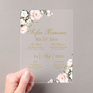 Rosa florale Quinceanera Acryleinladungen
