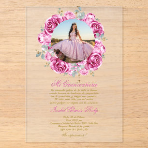 Rosa florale Quinceanera-Einladung mit Bild Acryleinladungen
