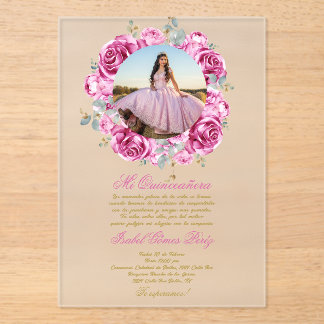 Rosa florale Quinceanera-Einladung mit Bild Acryleinladungen