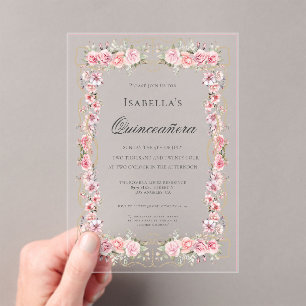 Rosa Florale Quinceañera Elegante Feier 15 Acryleinladungen