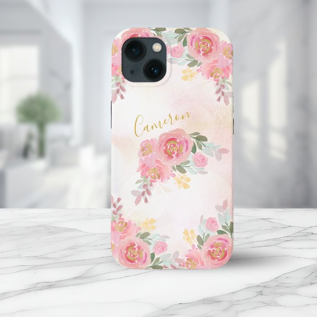 Rosa | Florale Rose Elegante Hinzufügen Ihres Name Case-Mate iPhone Hülle (Blush Pink | Floral Roses Elegant Add Your Name Case-Mate iPhone Case)