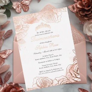 Rosa florale Rosen-Goldene Quinceanera  Folieneinladung