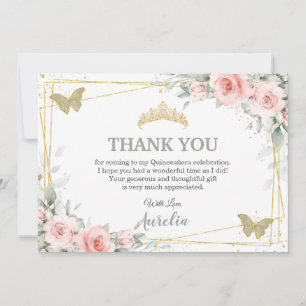 Rosa Florale Sage Grün Schmetterling Quinceañera Dankeskarte