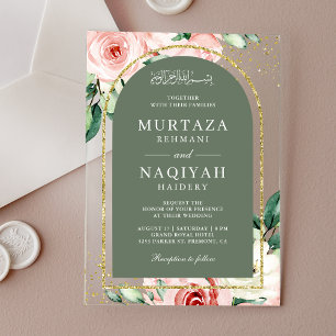 Rosa Florale Salbei Grüner Bogen Muslimische Hochz Acryleinladungen