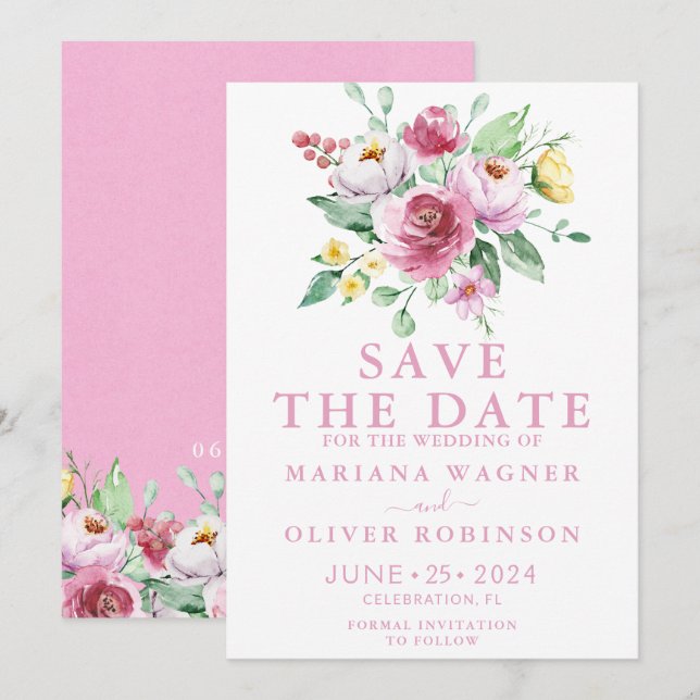 Rosa florale Save-the-Date-Karte Einladung (Vorne/Hinten)