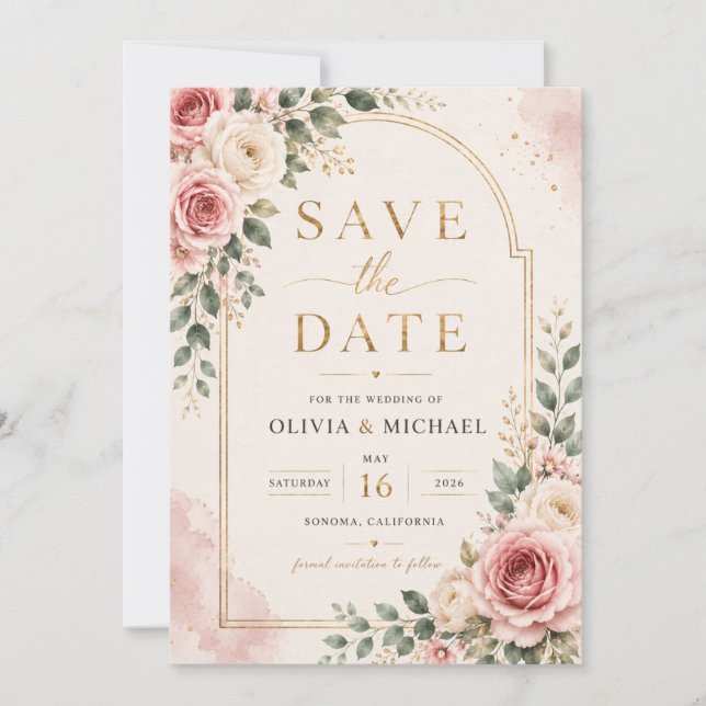 Rosa Florale Save the Date Karte | Wasserfarbe  (Vorderseite)