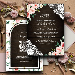 Rosa Florale Scheunenholz-Spitze QR-Code Muslimisc Einladung