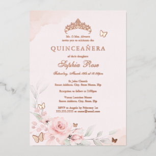 Rosa florale Schmetterling Roségold Quinceanera 15 Folieneinladung