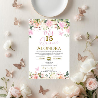 Rosa florale Schmetterlinge Quinceañera Einladung