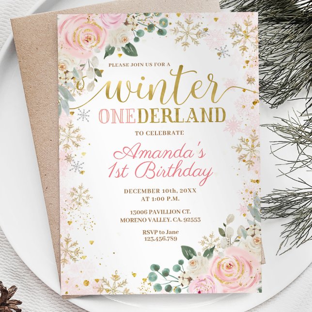 Rosa florale Schneeflocken Winter Onederland Gebur Einladung (Von Creator hochgeladen)