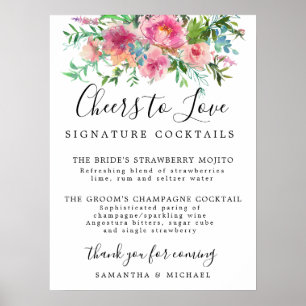 Rosa Florale Signature-Cocktails Hochzeitsbar-Schi Poster