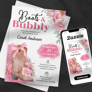 Rosa Florale Stiefel & Sprudelnde Brautparty Einladung