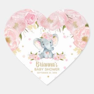 Rosa florale süße Elefanten-Baby-Party Herz-Aufkleber