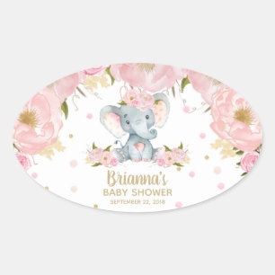 Rosa florale süße Elefanten-Baby-Party Ovaler Aufkleber