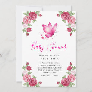 Rosa florale süße Schmetterling Baby Shower Einlad Einladung