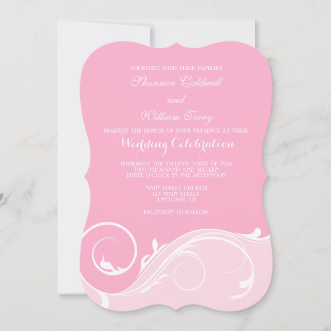 Rosa florale Swirl Bracket Wedites Einladung (Vorderseite)