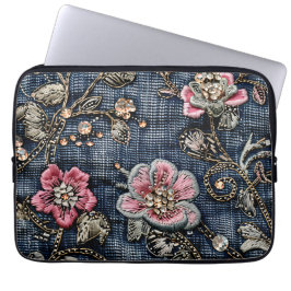 Rosa florale Tapisserie auf dunkelblauem Denim Laptopschutzhülle