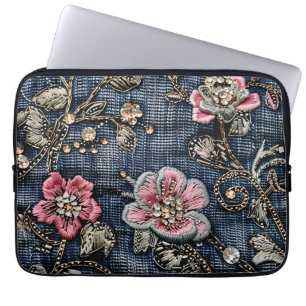 Rosa florale Tapisserie auf dunkelblauem Denim Laptopschutzhülle