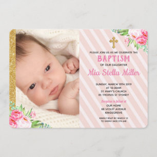 Rosa florale Taufe Christening Girl Foto Einladung