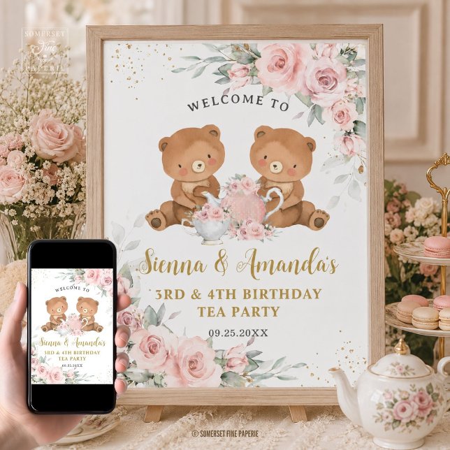 Rosa Florale Teddybären-Teeparty-Geburtstag Poster (teddy bears tea party blush floral joint birthday welcome sign poster digital download )