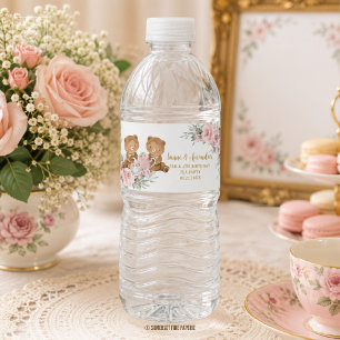 Rosa Florale Teddybären-Teeparty-Geburtstag Wasserflaschenetikett
