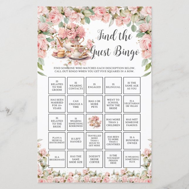Rosa Florale Teeparty Braut Findet den Gast Bingo (Vorderseite)