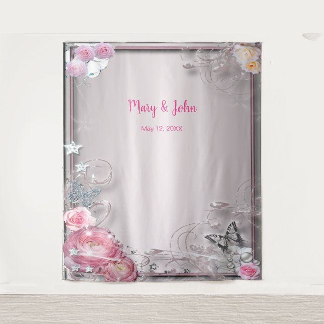 Rosa, florale und schmetternde Hochzeitskulisse Wandteppich (Vorderseite)