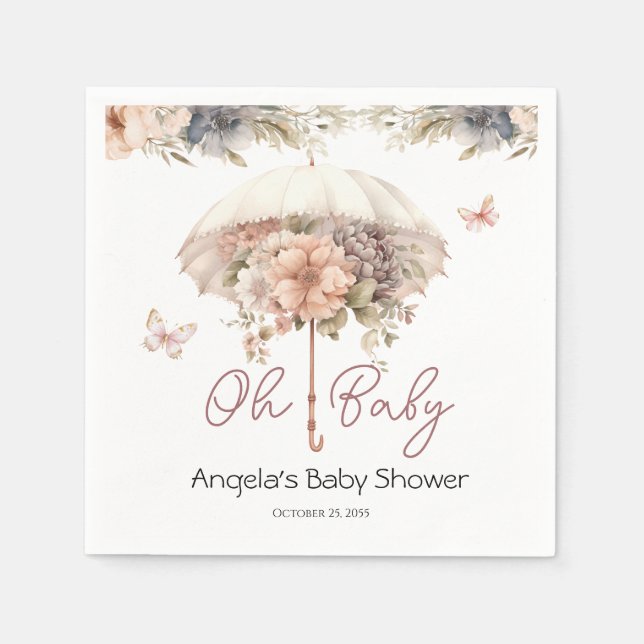Rosa florale Vintage-Regenschirm-Baby-Party Serviette (Vorderseite)