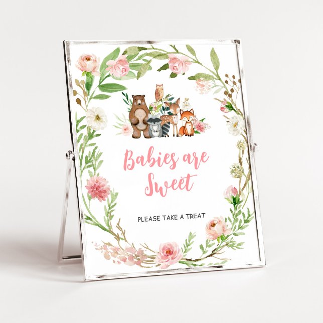 Rosa Florale Wald-Babys sind süße Zeichen Poster (Girl Woodland Animals Baby Shower Babies are Sweet Sign)